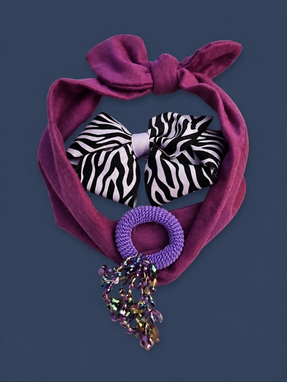 3/$30 HANDMADE Purple and Black Hair Bow Ponytail Headband Accessory Set